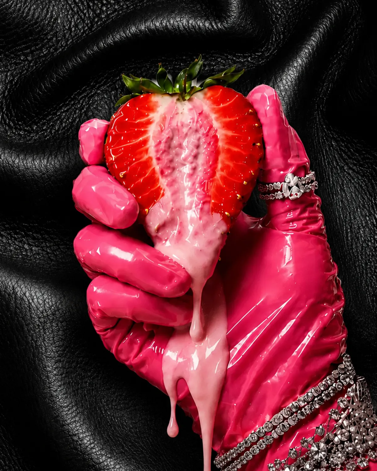 Strawberry held by a black latex-gloved hand